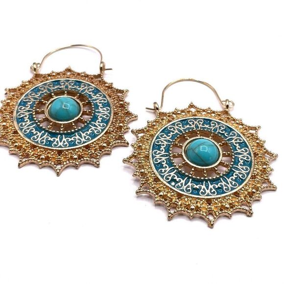 Yellow Gold with Turquoise and Blue Enamel Round Drop Hinge Hook Earrings - Picture 2 of 7